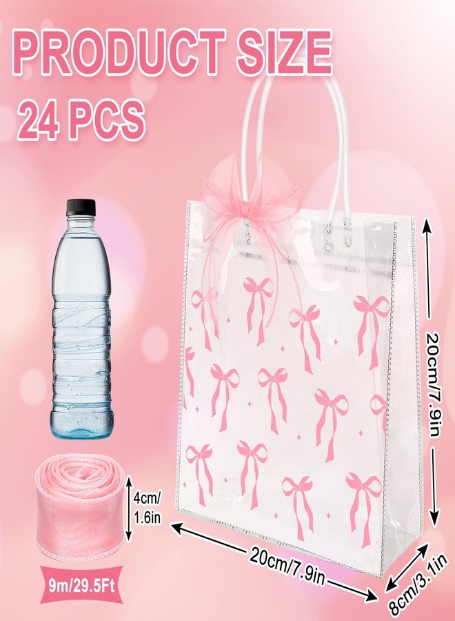 JarThenaAMCS 24Pcs Clear Pink Gift Bags with Handles Coquette Pink Bow PVC Party Goodie Favor Bag with Ribbon Reusable Plastic Bowtie Tote Retail Shopping Treat Bag for Birthday Party Favor - Image 2